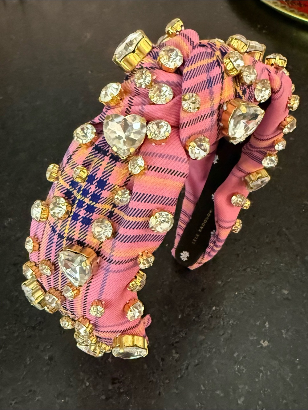 Lele Sadoughi Pink and Gold Plaid Jeweled Padded Headband